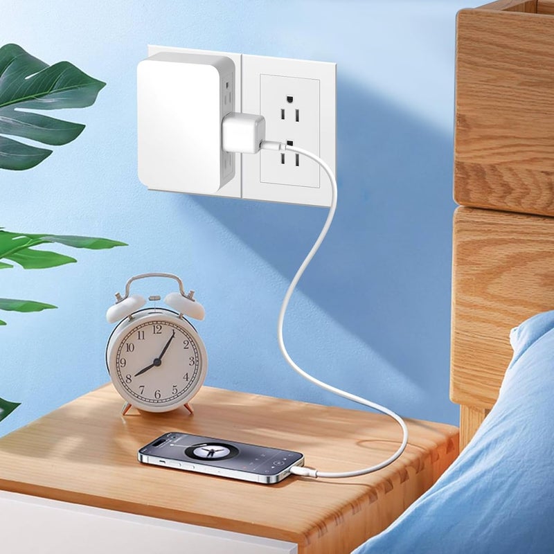 FiiMan 6 Outlet Wall Adapter, UL Listed 3-Prong Grounded Outlet to The Side, Wall Plug Side Access Adapter, 6 Way Outlet Extender Tap, White (1) - Image 2